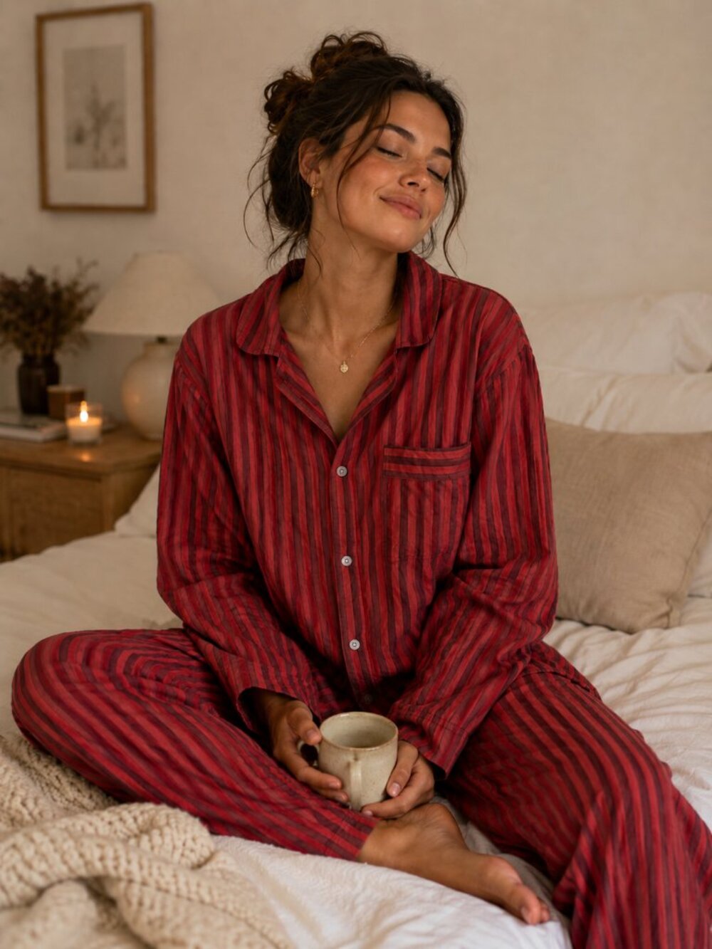 Graviet SET Cotton Striped Oversized Sleep Pajama Set Striped Red Size Large